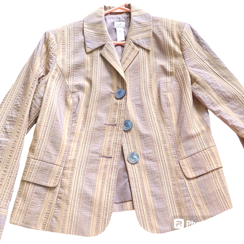 J Jill Lightweight Tan Striped Academia Prep Blazer Jacket‎ 12 NEUTRALS